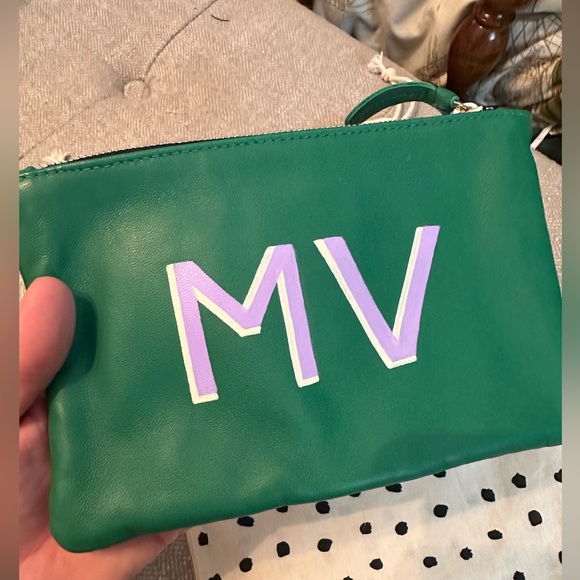Clare V Emerald Green Wallet Clutch with Blush Lips, Monogrammed MV - Picture 4 of 9